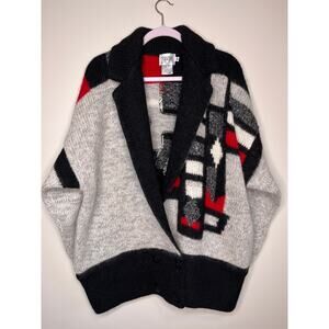 1980s Cervelle Red Black Geometric Cowl Oversized Boxy Wool Blazer Cardigan XL